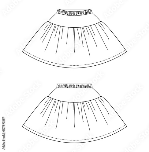 Technical illustration of a girl's flared skirt with a ruffled hem and gathered waist. Includes front and back views.