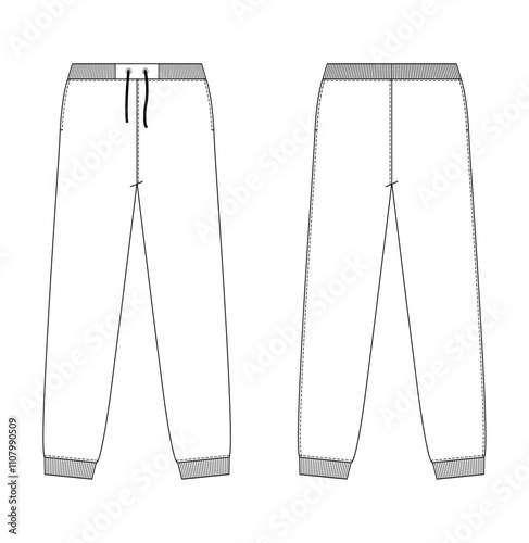 Technical illustration of casual joggers with a drawstring waist and ribbed cuffs, shown in front and back views.