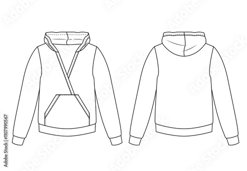 technical illustration of a hoodie featuring crossbody straps and a kangaroo pocket.