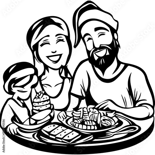 family having Christmas foods together , sharing the meal, illustration