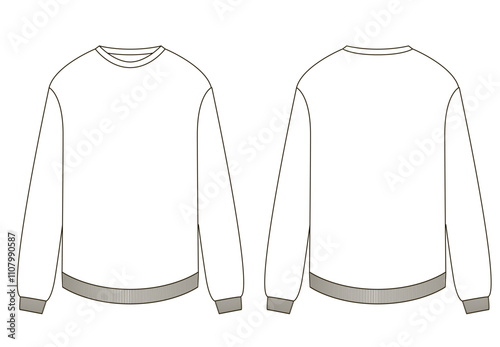 Technical illustration of a basic crew neck sweatshirt with long sleeves, displayed in front and back views. Features a ribbed hem and cuffs.