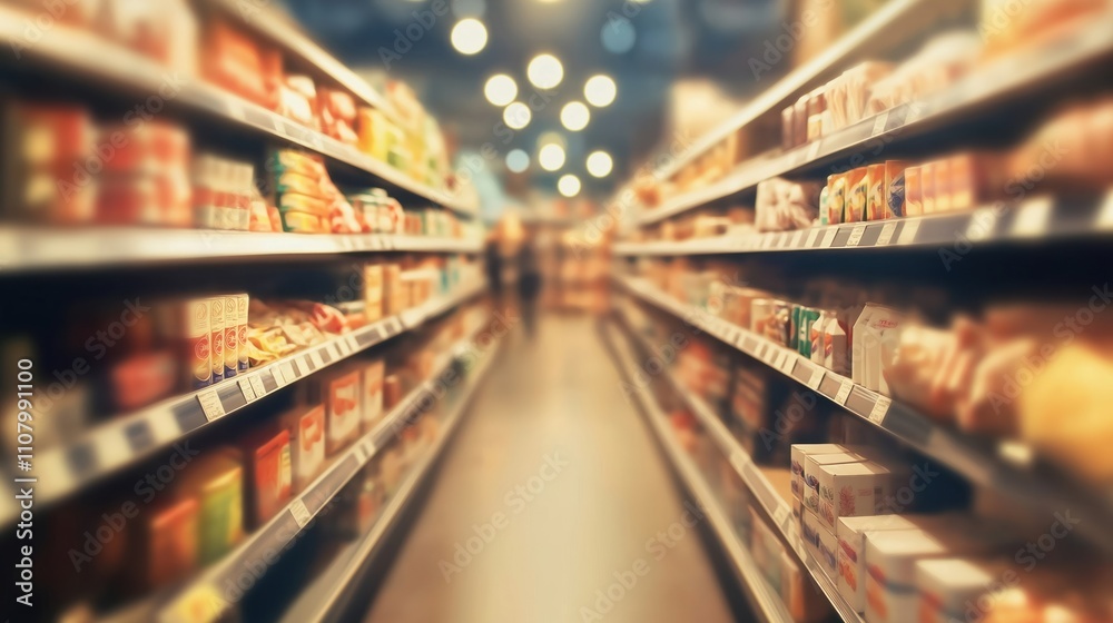Fototapeta premium Supermarket aisle filled with food products. Shelves display various goods. Blurred shoppers walk through the store. Light illuminates the interior. Consumers can shop groceries.