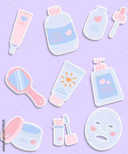 Cute pastel skincare sticker pack illustration 