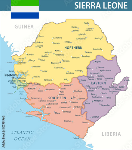 Sierra Leone Map Vector New 2024 Colorful - Customizable layered political map of Sierra Leone with administrative divisions for website, education, reports, news, politics, print, poster