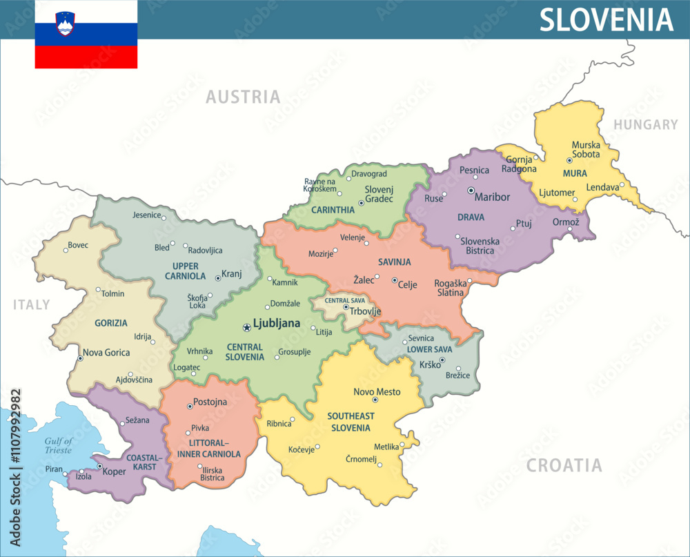 Fototapeta premium Slovenia Map Vector New 2024 Colorful - Customizable layered political map of Slovenia with administrative divisions for website, education, reports, news, politics, print, poster and wallpaper