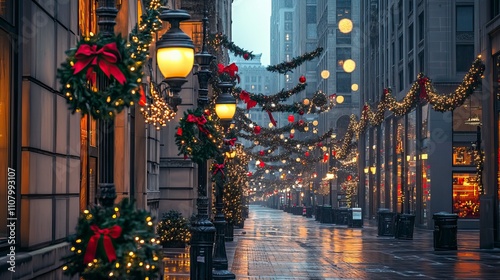 Downtown Christmas Light Display on Buildings and Lamp Posts Holiday Light Displays ,Winter seasson, Happy New Year, Happy christmass