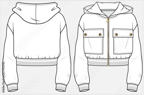 CROP LENGTH HOODIE WITH DROP SHOULDER AND  UTILITY POCKET DETAIL DESIGNED FOR WOMEN AND TEEN GIRLS IN  VECTOR ILLUSTRATION FILE