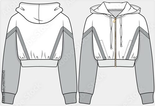 CROP LENGTH HOODIE WITH DROP SHOULDER AND CHEVRON CUT AND SEW DETAIL DESIGNED FOR WOMEN AND TEEN GIRLS IN  VECTOR ILLUSTRATION FILE