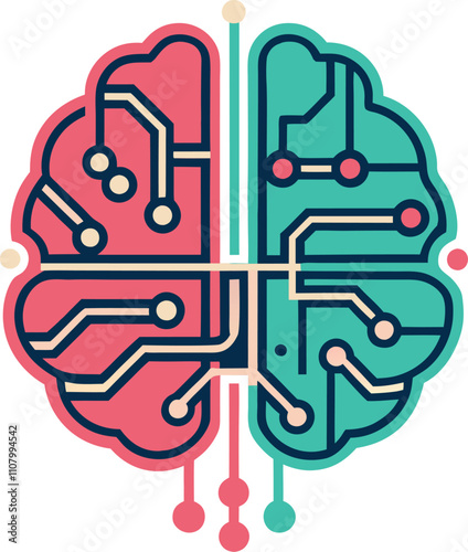 Brain Circuitry: Abstract illustration of a brain divided into two hemispheres, each represented by a unique color scheme and circuit board design.