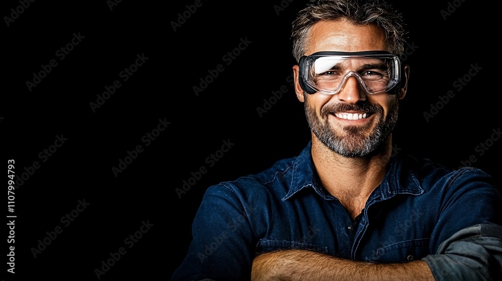 Obraz premium Smiling man wearing safety glasses on black background.