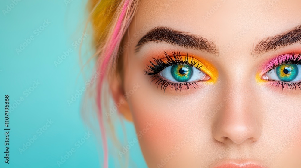 Fototapeta premium Vibrant Beauty Expression Featuring Colorful Makeup Trends With a Captivating Gaze