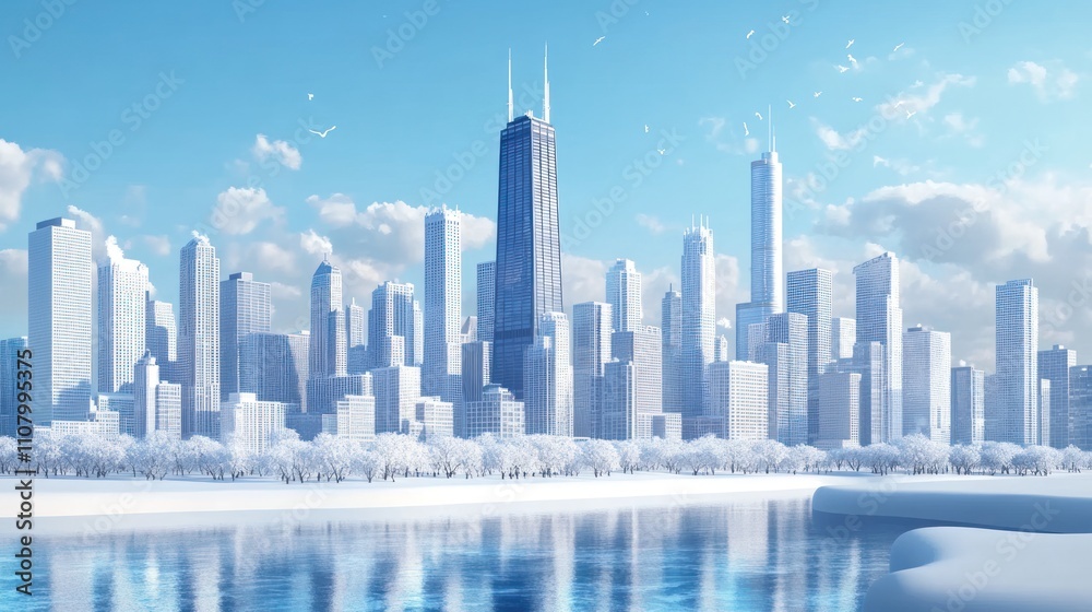 Fototapeta premium Illustration Beautiful skyline view with simple geometric buildings under blue sky. Ai generated image