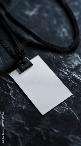 A minimalistic white name tag with a black lanyard, placed on a textured dark surface. Ideal for business, event, or corporate themes. AI generated. photo