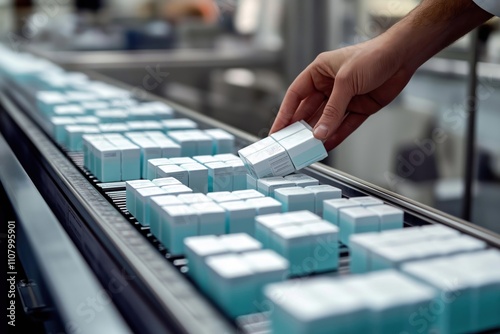 Hand selects medication box from conveyor belt in pharma setting. Automated production line. Pharmaceutical packaging. Medical product. Quality control. Manufacturing process. Industrial setting.