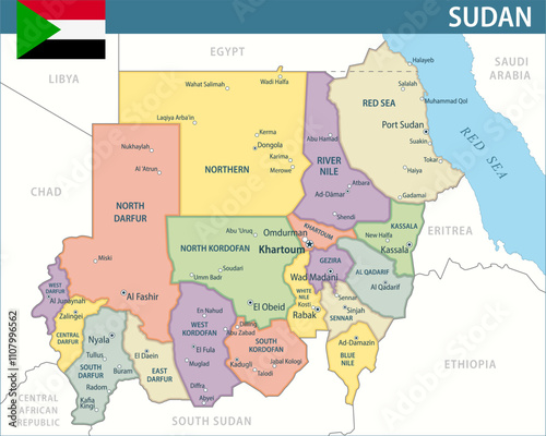 Sudan Map Vector New 2024 Colorful - Customizable layered political map of Sudan with administrative divisions for website, education, reports, news, politics, print, poster and wallpaper