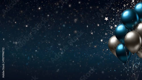Dark blue background with silver and teal balloons, and scattered white stars and glitter.

