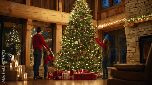 Family Decorating a Christmas Tree by a Fireplace with Warm Lighting Christmas Tree Decorating Scenes ,Winter seasson, Happy New Year, Happy christmass