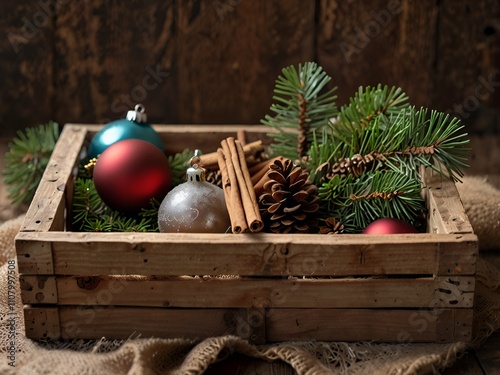 A rustic wooden crate filled with pine branches, cinnamon sticks, and vintage glass baubles. photo