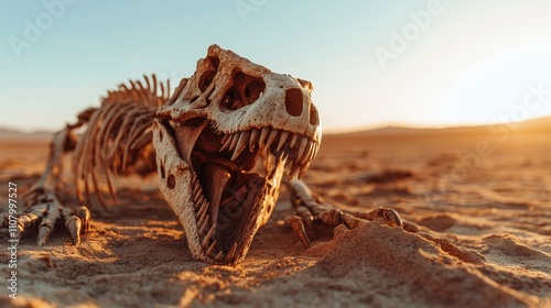 The sun sets over a desolate desert where a dinosaur's skeleton lies exposed, its bones telling a silent tale of the ancient world amidst the golden rays. photo