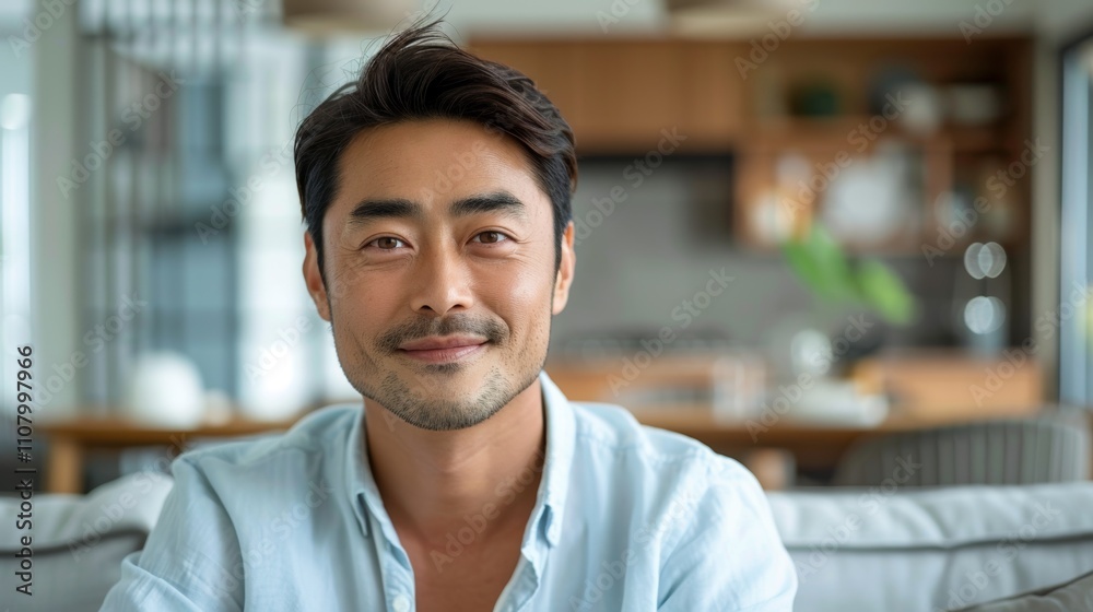 Obraz premium The image depicts a young man with dark hair and a light blue shirt seated in a living room or office space.