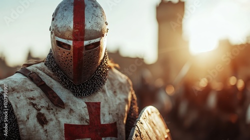 An armored knight with a distinct red cross displayed on his chest stands ready for battle, representing valor, faith, and the Middle Ages tradition of knighthood. photo