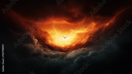 The fall of Lucifer, Lucifer, once radiant, plummeting from heaven amidst a shower of fire and lightning, his angelic form twisting into darkness photo