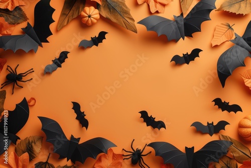 Halloween themed greeting card with black bats and pumpkin photo