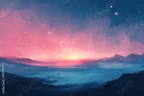 Pink Sky Sunset Over Distant Mountainscape