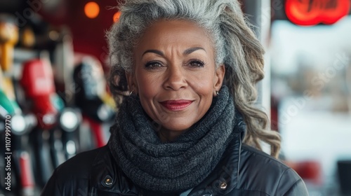 A chic mature woman with lush gray curls and stylish attire, enveloped in a cozy scarf, stands confidently against a bustling, contemporary urban background. photo