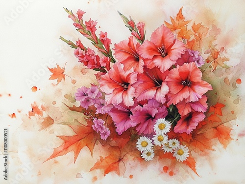 Autumn bouquet of gladioli, asters and maple leaves