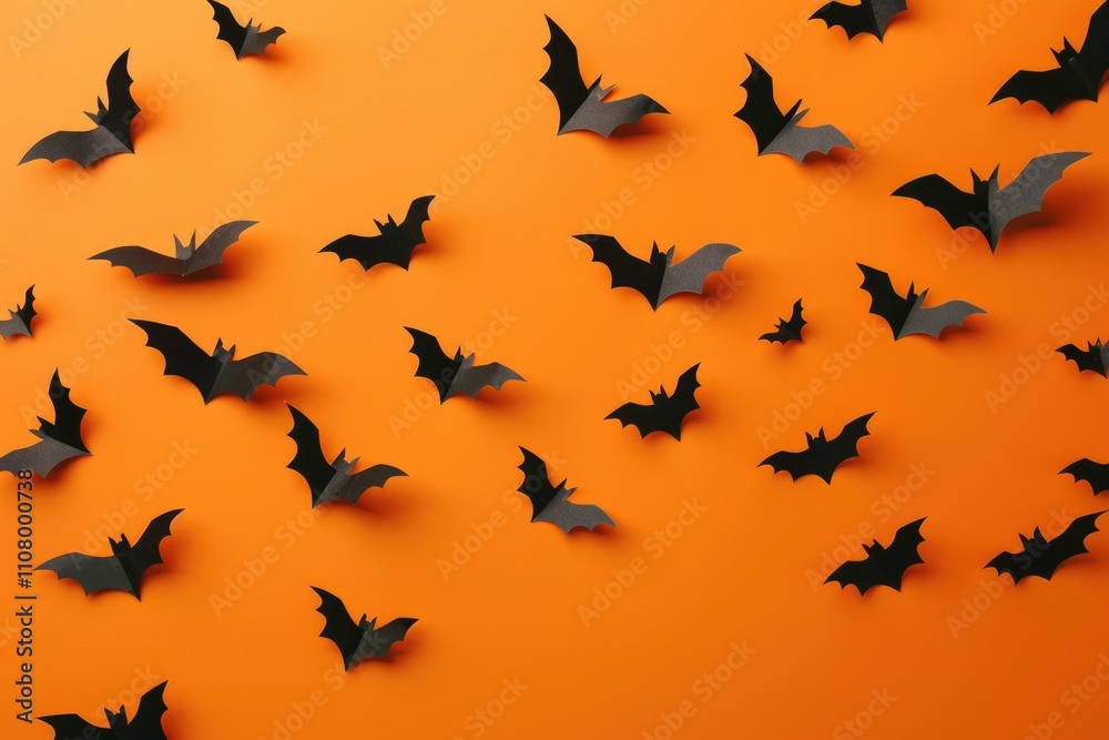 Fototapeta premium Orange Halloween background with black paper bat silhouettes.