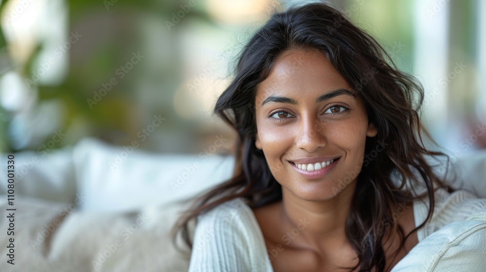 A woman with a warm smile. showcasing her white teeth and brown eyes dark hair is styled in loose waves and she wears a white sweater. A woman with a warm smile. showcasing her white teeth and brown eyes dark hair is styled in loose waves and she wears a white sweater.