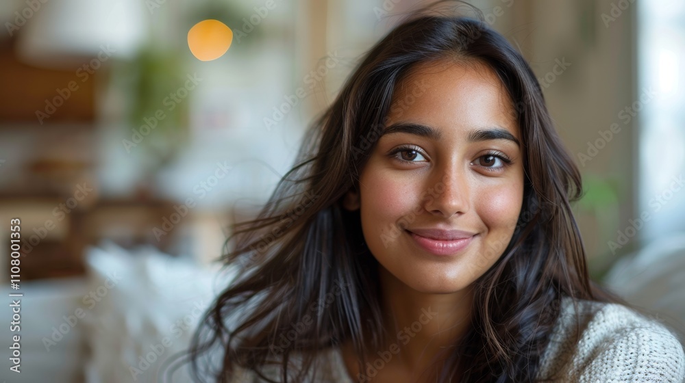 Obraz premium A young woman with long dark hair and a white sweater smiles at the camera.