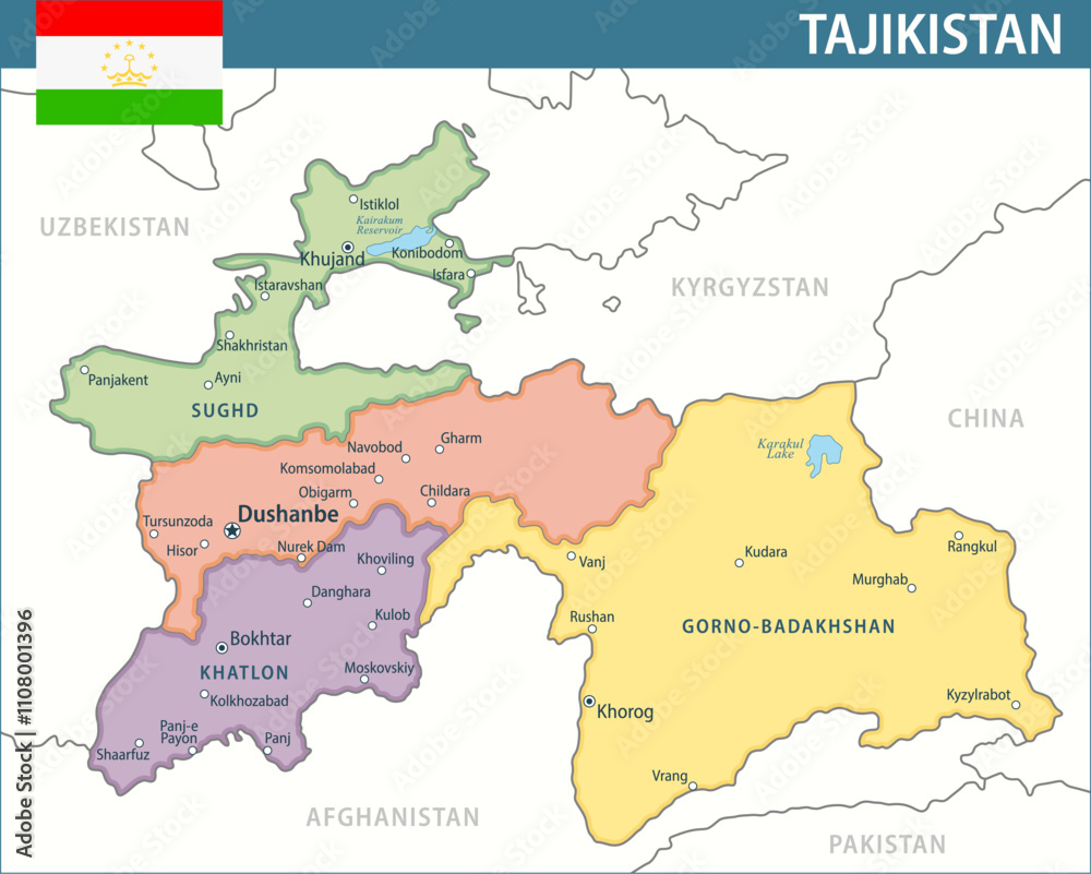 Obraz premium Tajikistan Map Vector New 2024 Colorful - Customizable layered political map of Tajikistan with administrative divisions for website, education, reports, news, politics, print, poster and wallpaper