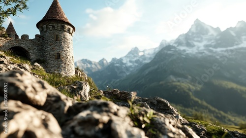 A solitary ancient turret is foregrounded against clear, bright skies and rugged terrain, symbolizing endurance and mystery amidst vast natural beauty. photo