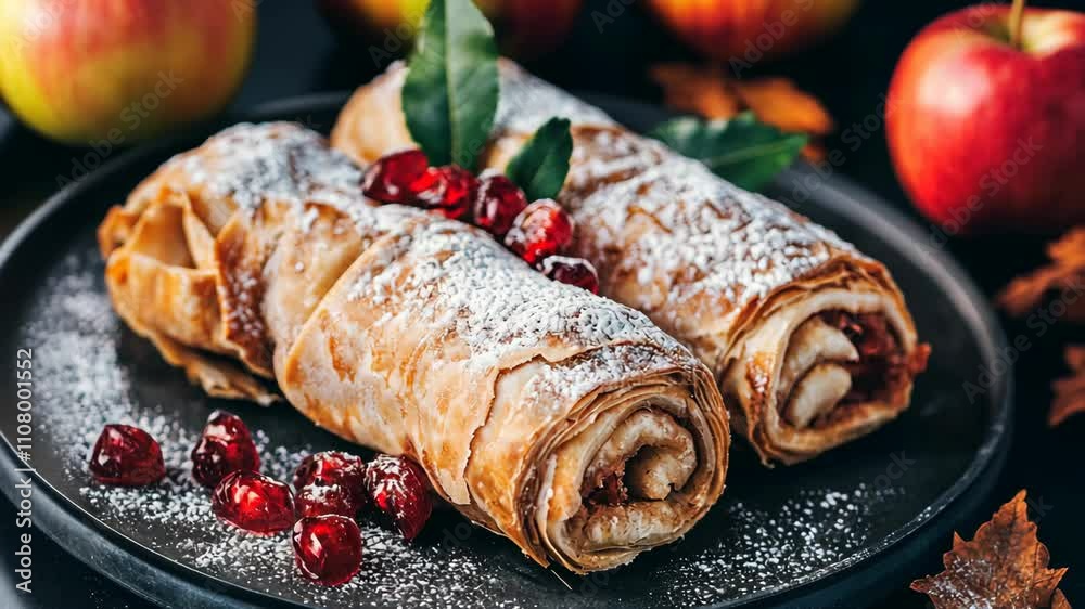 Delicious apple strudel with powdered sugar and fresh berries on a black plate surrounded by autumn apples