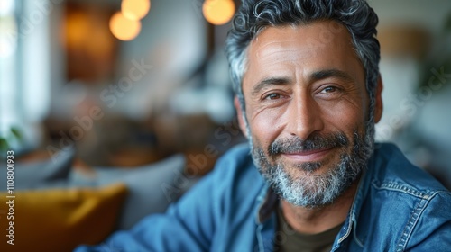 A middle-aged man with gray hair and a beard dressed in a denim jacket sits in a room with a blurred background exuding a sense of relaxation and contentment.