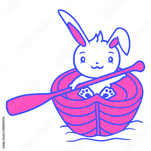 Cute Rabbit Bunny Paddles Rowing Boat Love Comic Isolated Vector Graphic Design Illustration
