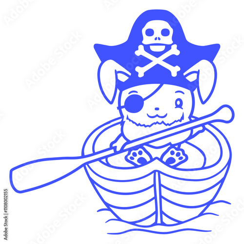 Rabbit Pirate Paddle Bunny Buccaneer Rowboat Comic Isolated Vector Graphic Design Illustration
