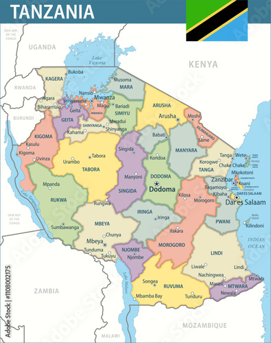 Tanzania Map Vector New 2024 Colorful - Customizable layered political map of Tanzania with administrative divisions for website, education, reports, news, politics, print, poster and wallpaper