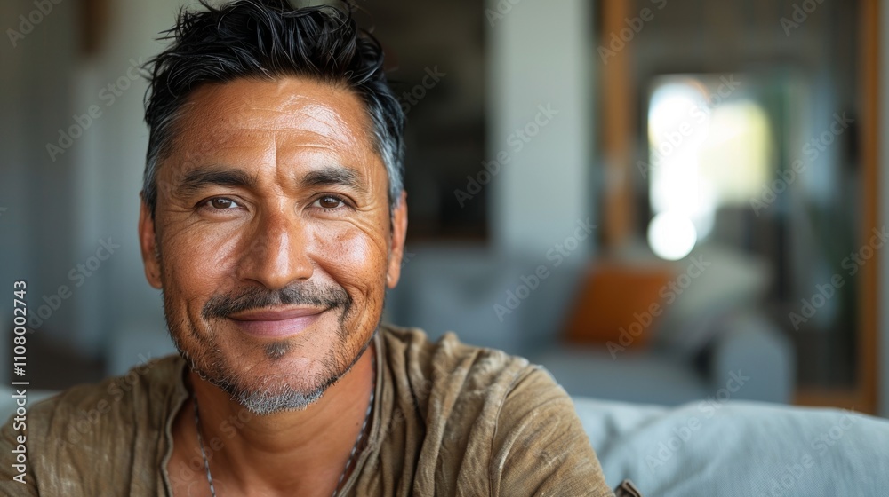 Fototapeta premium The image depicts a man with dark hair and a mustache sitting On a couch in a living room. He is wearing a brown shirt and has a blurred background.