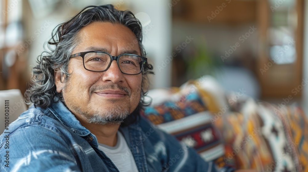 Obraz premium A middle-aged man with graying hair wearing a denim jacket over a white shirt and black-framed glasses sits on a couch with a vibrant patterned blanket.