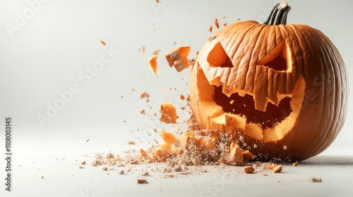 A pumpkin with a horrifyingly carved face bursts apart, its glowing orange fragments scattering wildly, showcasing an iconic Halloween aesthetic of chaos. photo