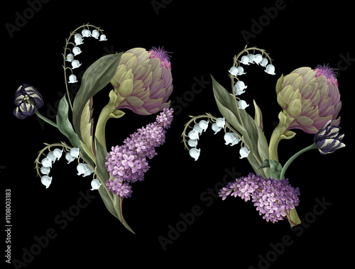 Bouquets with artichokes and flowers isolated. Vector.