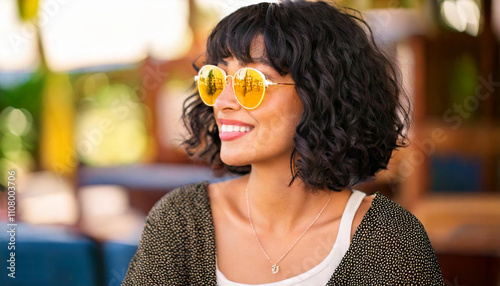 Mujer guapa de pelo rizado sonriente con gafas amarillas en la terraza de un restaurante photo