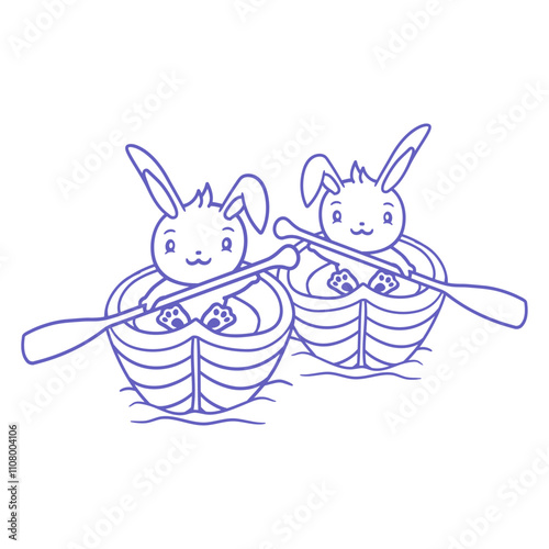 Two Cute Rabbits 2 Bunny Paddling Rowing Boat Fun Isolated Vector Graphic Design Illustration
