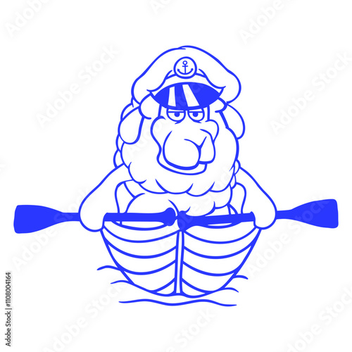 Cute Sheep Old Captain Cap Face Cool Cartoon Comic Isolated Vector Graphic Design Illustration
