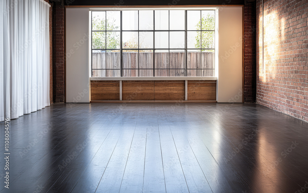 Obraz premium Bright and spacious interior with large window and wooden accents in urban setting