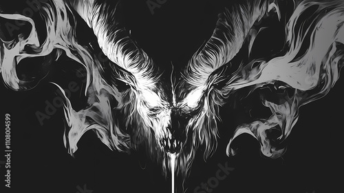 Scary and evil demonic creature beetween infernal flames. dark horror fantasy illustration. Infernal. Illustration photo