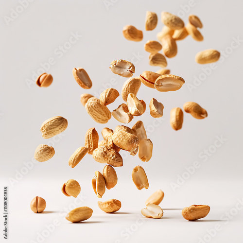 Peeled peanuts levitating against a white background